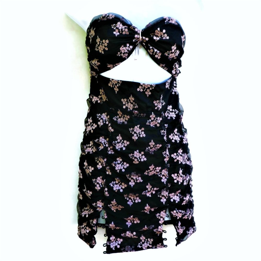 Majorelle Revolve Mini Dress Floral Embroidery Ruched Mesh Lace Up Hem Side Zip - Picture 8 of 8